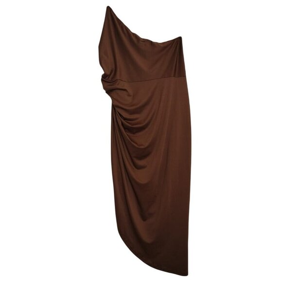 Brown Asymmetrical Midi Dress with Ruched Detail, One Shoulder, Size XL - Picture 2 of 9